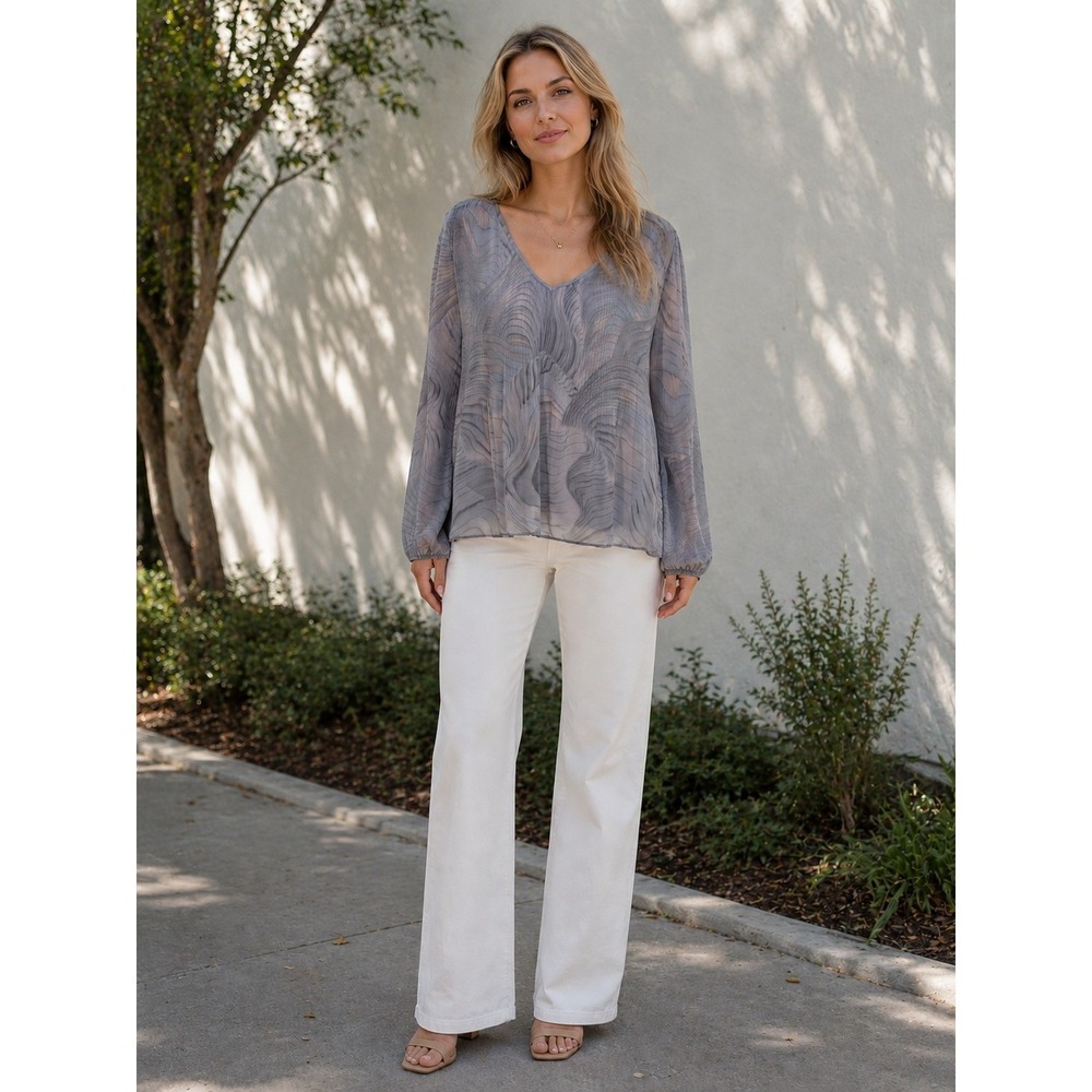 Wilfred Aritzia Sz S Gray Abstract Print Sheer Long Sleeve Blouse Top Neutral